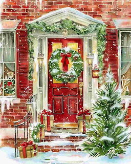 Watercolor illustration of a red brick house entrance decorated for Christmas with wreath, garland, and snow