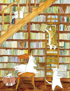 Illustration of cats on ladders, chairs, and bookshelves in a library room