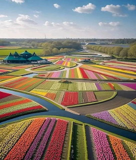 Aerial view of colorful geometric tulip fields with rows of red, pink, yellow, and purple flowers