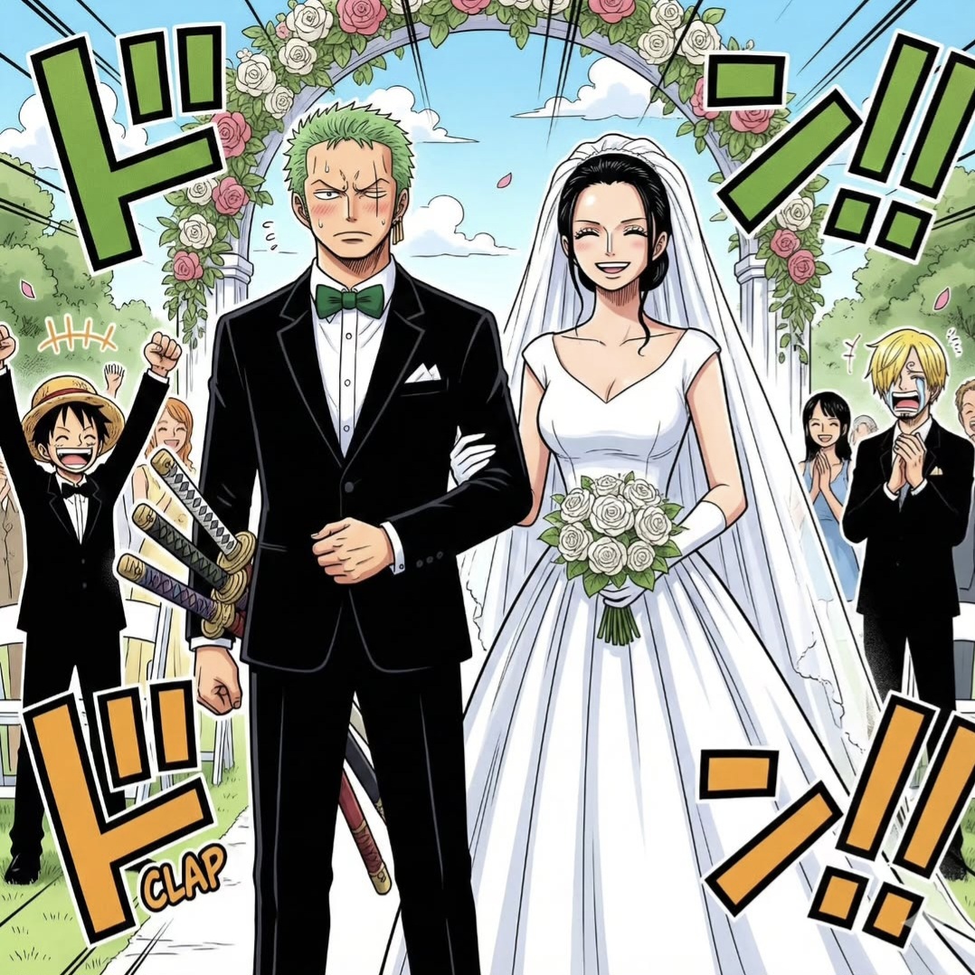Anime bride and groom at wedding ceremony with floral decorations