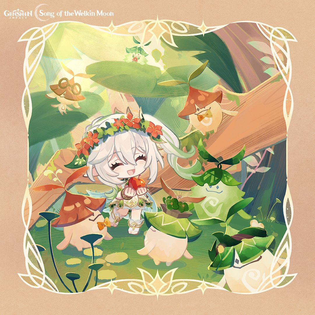 Anime illustration of Nahida in a leafy forest surrounded by small Aranara creatures and flowers