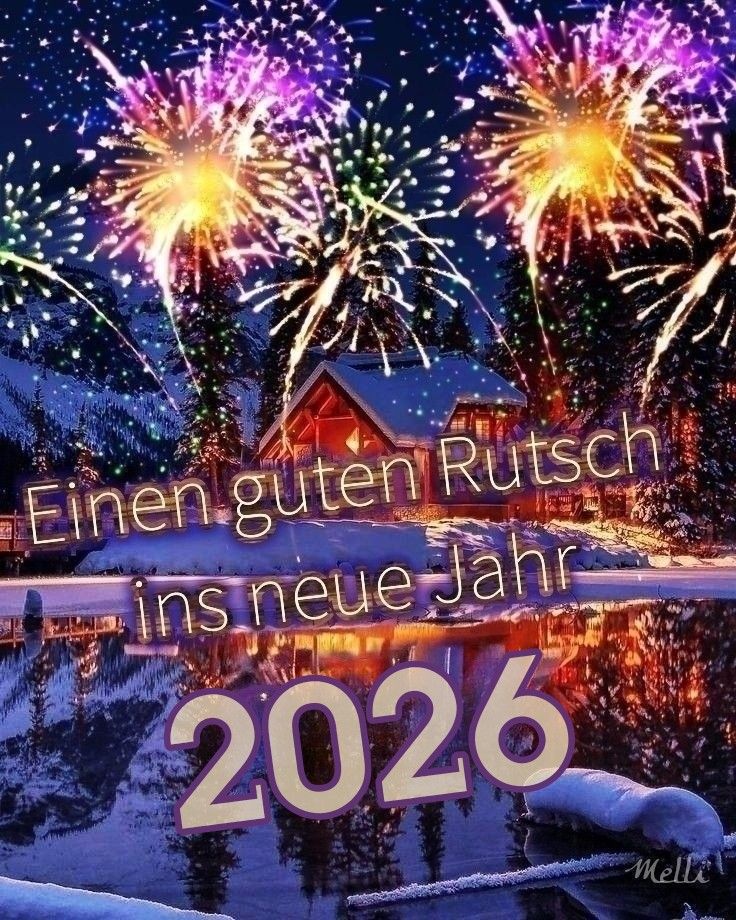 Vibrant fireworks bursting above a snow-covered village at night with 2026 displayed in the foreground