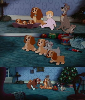Animated scenes from Lady and the Tramp with puppies, a baby, and a Christmas tree indoors