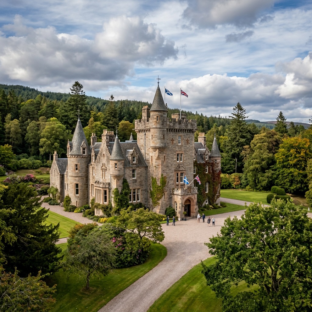 Aerial view of Tulloch Castle, a stone Scottish castle with turrets, surrounded by green grounds and forests