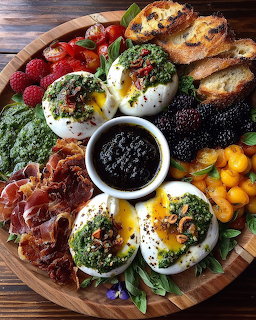 Circular wooden board filled with poached eggs, berries, toast, prosciutto, greens, and colorful toppings
