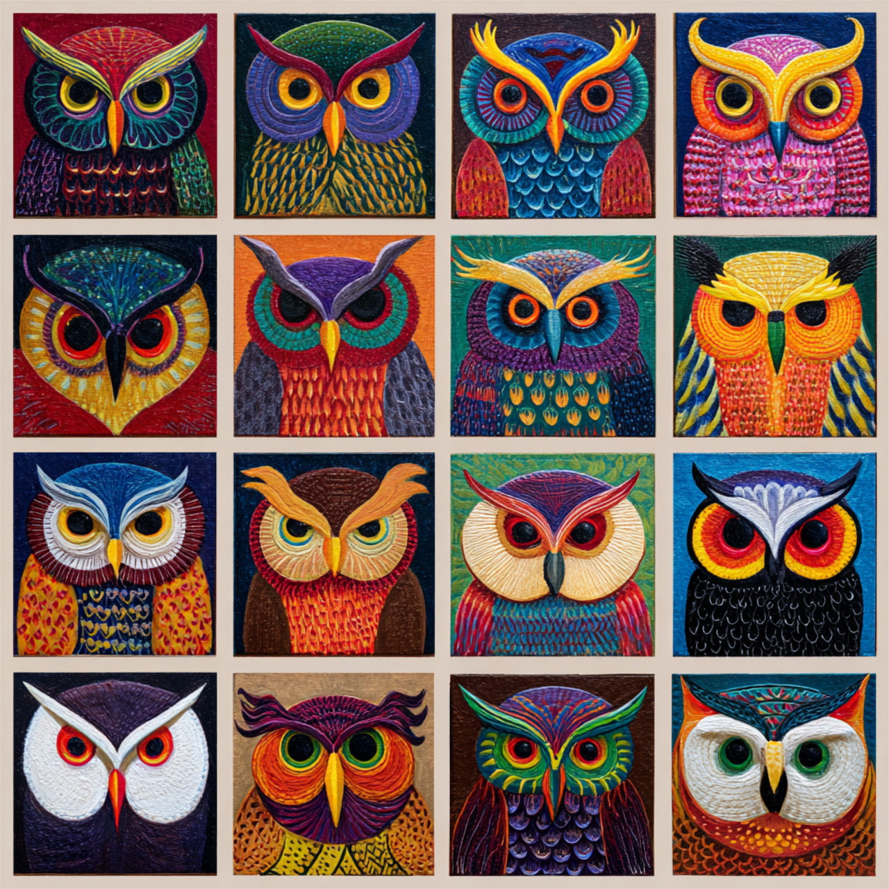 Grid of 16 colorful decorative owl portraits in different artistic styles with vibrant patterns