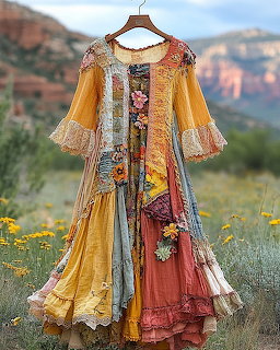 Colorful bohemian patchwork dress displayed on wooden hanger outdoors against desert scenery
