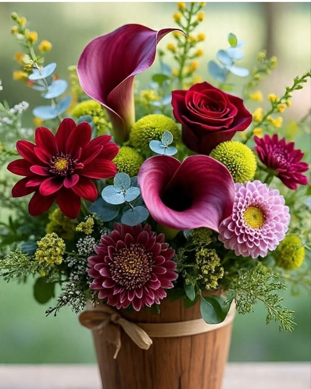 Colorful flower arrangement in a wooden pot with calla lilies, roses, and dahlias