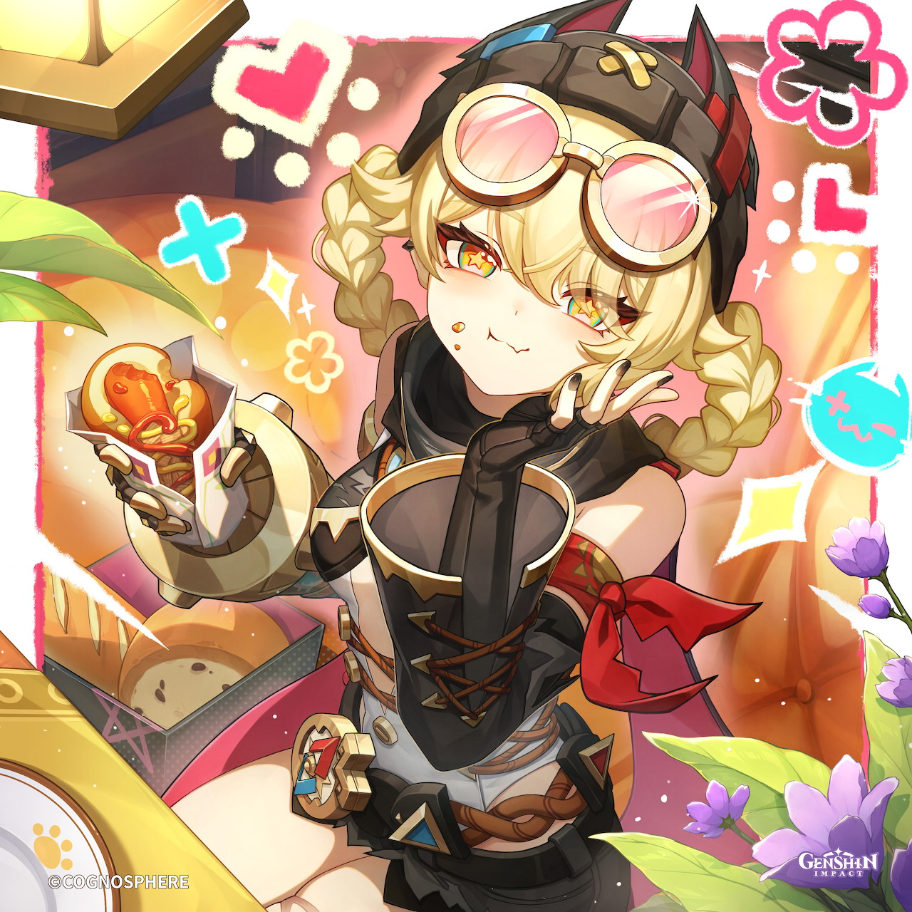 Anime illustration of Klee from Genshin Impact with blonde hair, goggles, and black outfit holding a bag