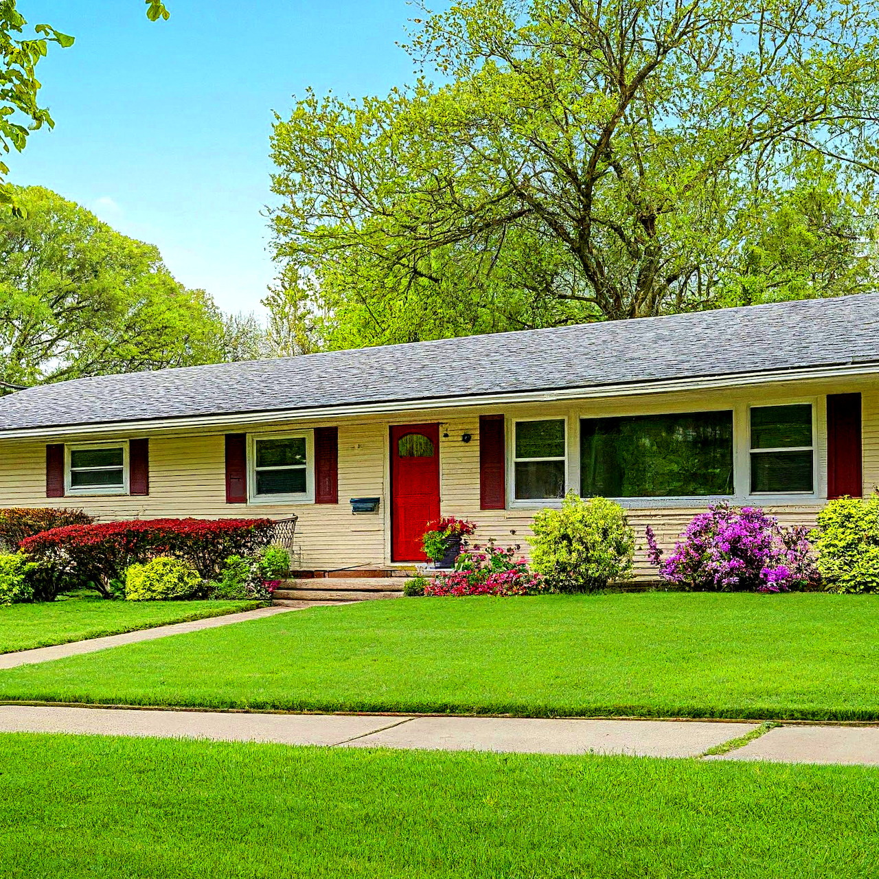Yellow ranch-style house with red door and green lawn framed by flowering bushes and trees