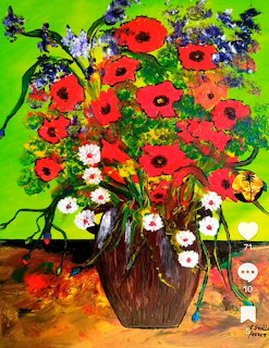 Colorful painting of red poppies and white daisies in a brown vase against a green background