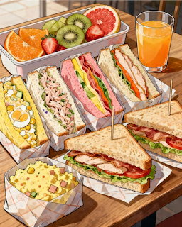 Anime-style illustration of a bento box filled with layered sandwiches, fruit, and side dishes on a wooden surface