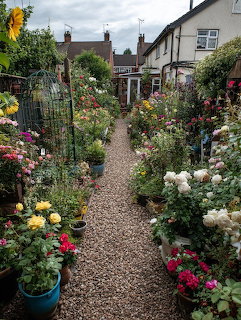 Gravel garden path lined with vibrant flowers leading to cottage houses