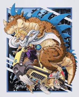 Anime illustration of Dragon Ball characters with spiky-haired boy and large orange furry creature