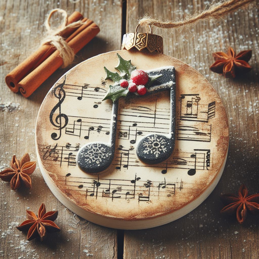 Wooden disc ornament with sheet music and stone musical note, surrounded by cinnamon sticks and star anise