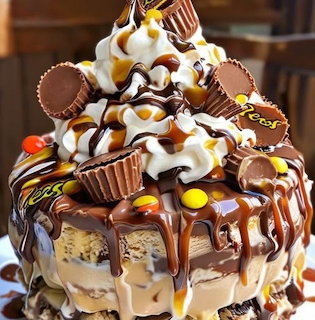 Layered cake with chocolate sauce, whipped cream, Reese's cups, and candy pieces on top