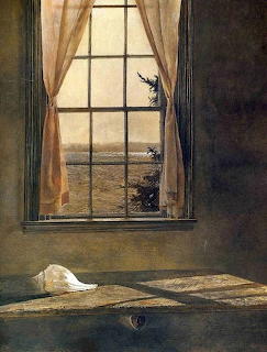 Painting of a window with curtains and a white shell on the sill overlooking a baren landscape