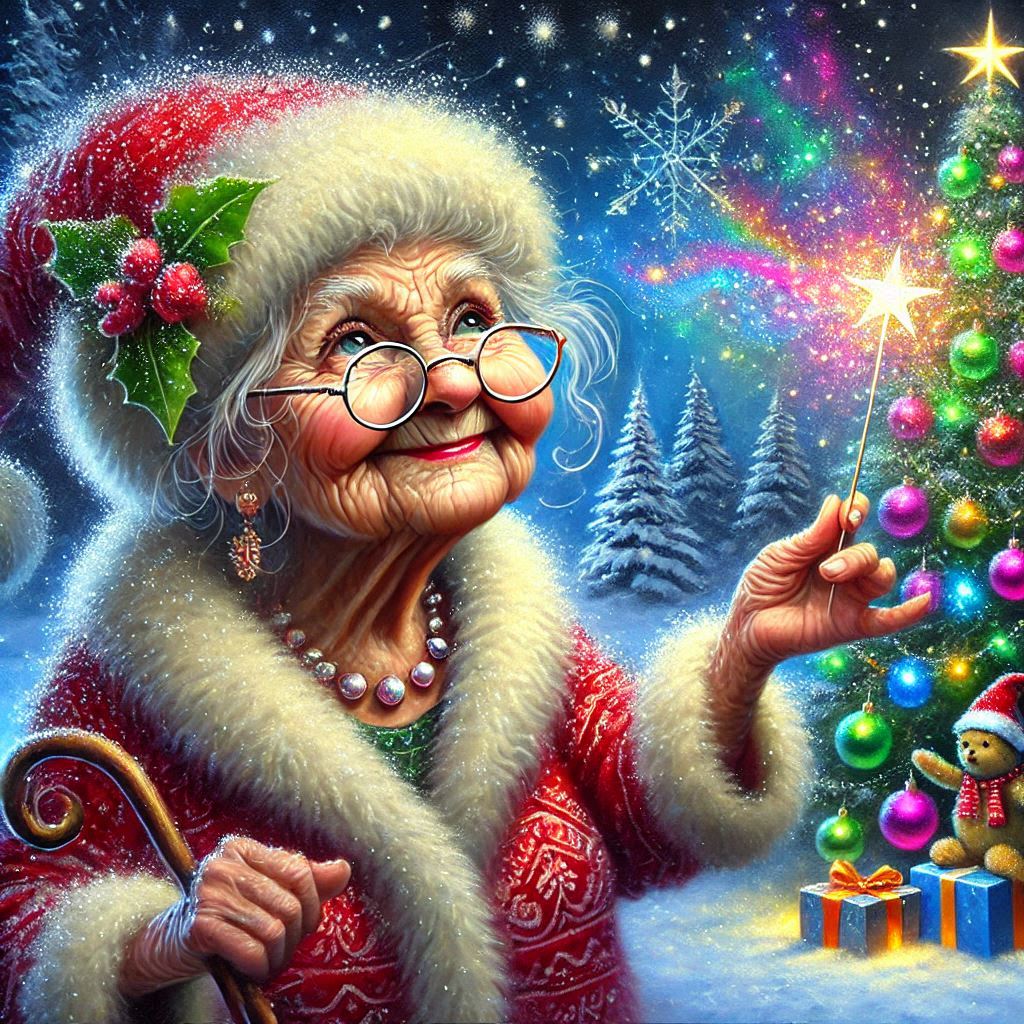 Smiling grandmother in festive red coat and Santa hat decorating Christmas tree with colorful baubles