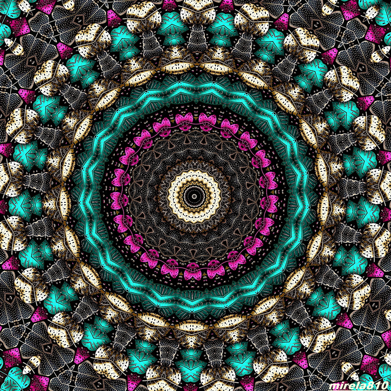 Symmetrical mandala with turquoise and magenta geometric patterns on black background