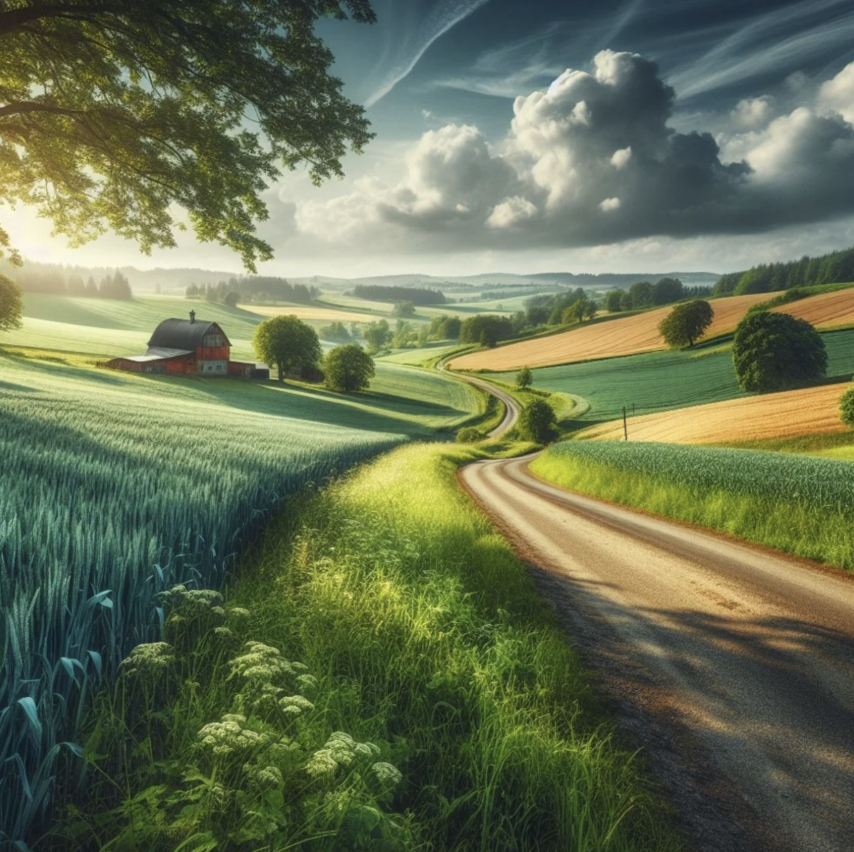 Winding dirt path through green countryside fields leading to a red barn under dramatic cloudy sky