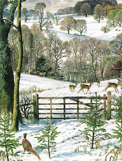 Snowy rural landscape with deer, bare trees, evergreens, wooden fence gate, and pheasant in winter countryside scene