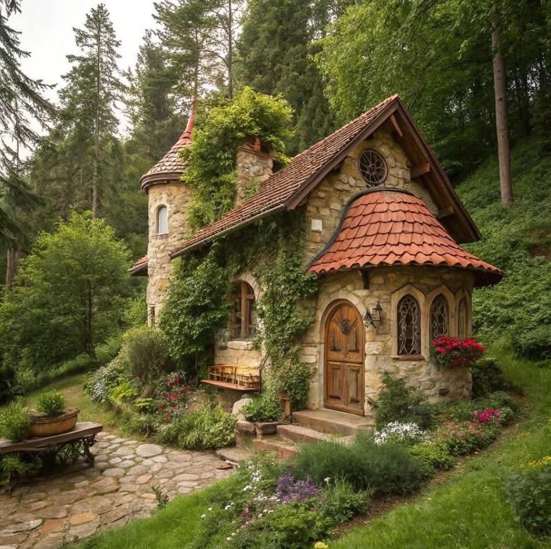 Stone cottage with turret and red roof in forest garden with flowers and wooden door