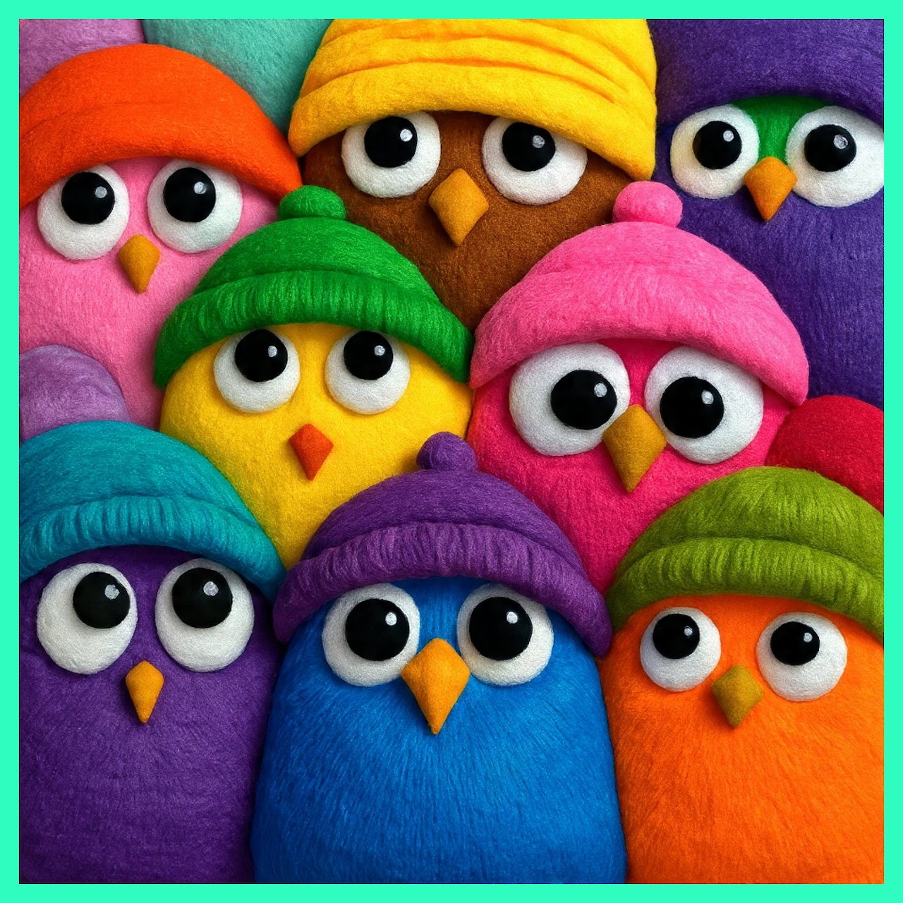 Eight colorful cartoon birds with big eyes wearing knit winter hats in bright colors