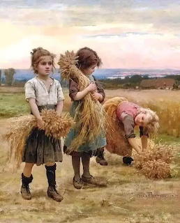Painting of three young girls harvesting wheat in a field