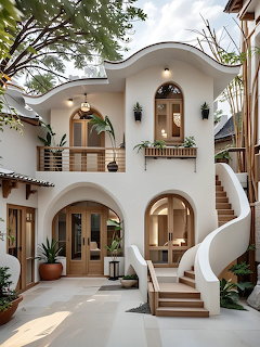 White Mediterranean villa with arched windows, curved staircase, and courtyard garden with potted plants