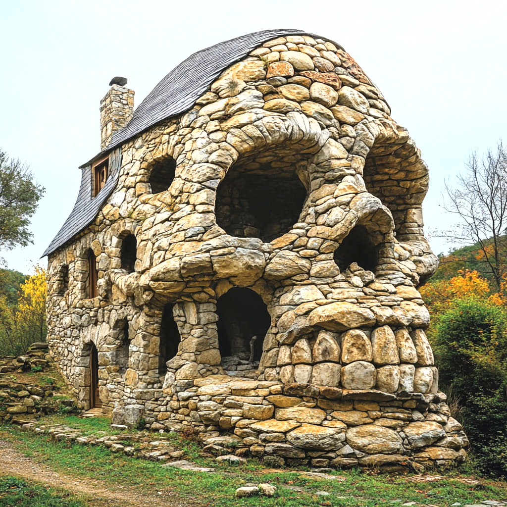 Stone building constructed to look like a giant skull with window eyes and doorway mouth