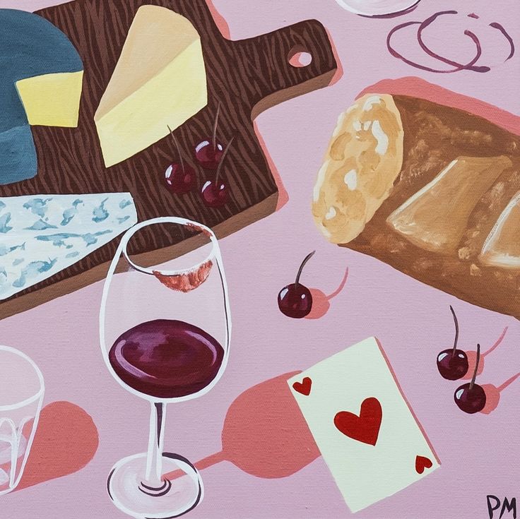 Flat lay painting of wine, cheese, bread, playing cards and cherries on pink table
