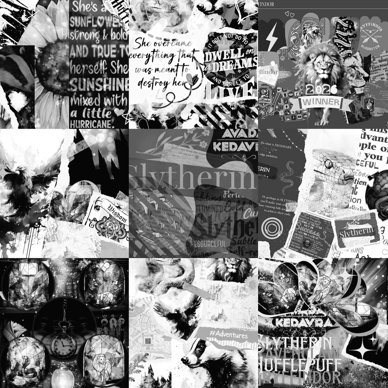 Black-and-white Harry Potter collage with quotes, character drawings, and fantasy symbols