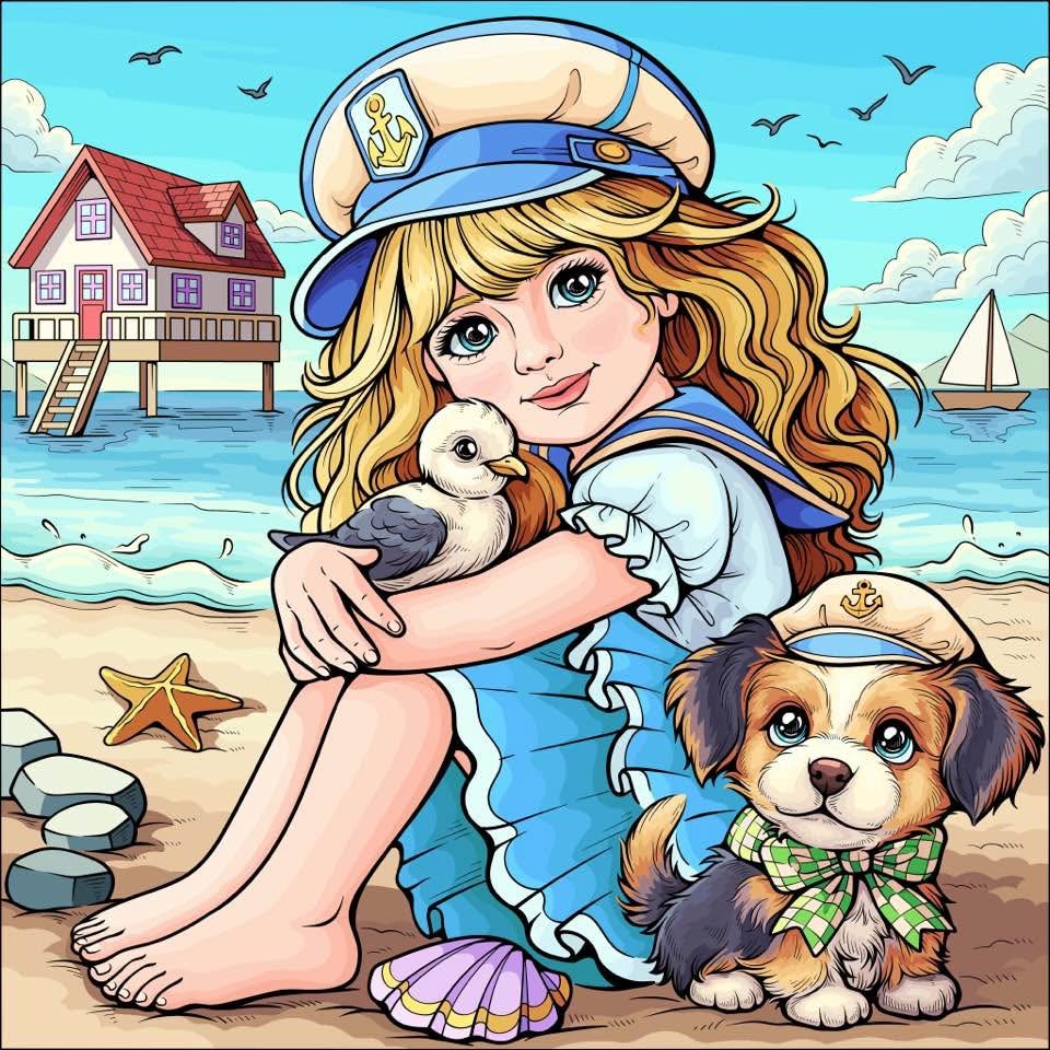 Cartoon girl in sailor hat hugging two puppies on sunny beach with house and boats behind