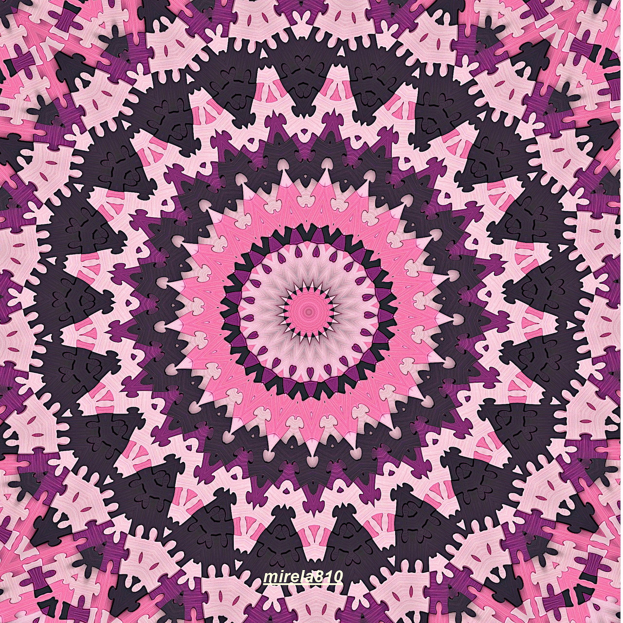 Pink and black geometric mandala with concentric circles and radiating zigzag patterns