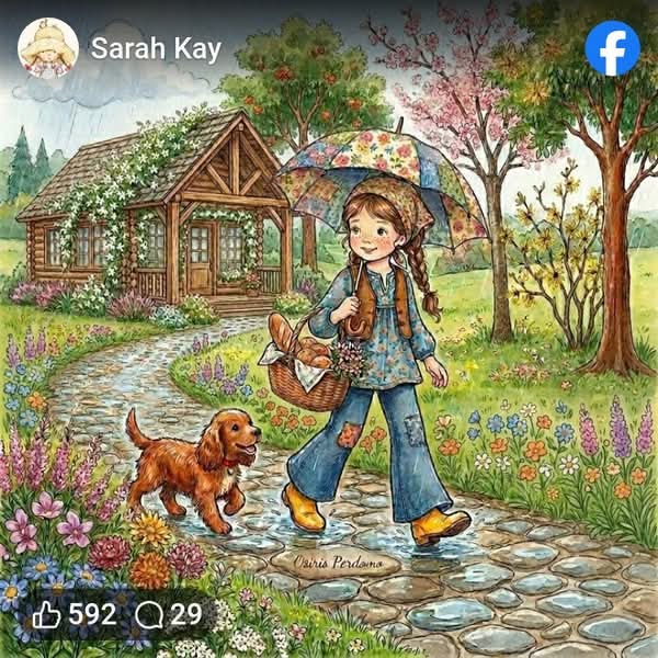 Illustrated girl walking a brown dog on a stone path beside a cottage garden
