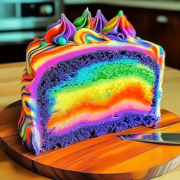 Slice of rainbow layer cake with colorful swirled frosting on wooden board