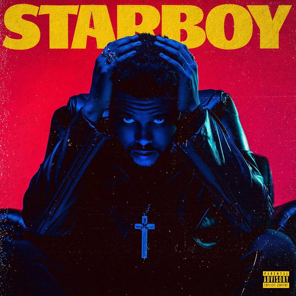 Starboy album cover with a blue-lit man holding his head against a red background