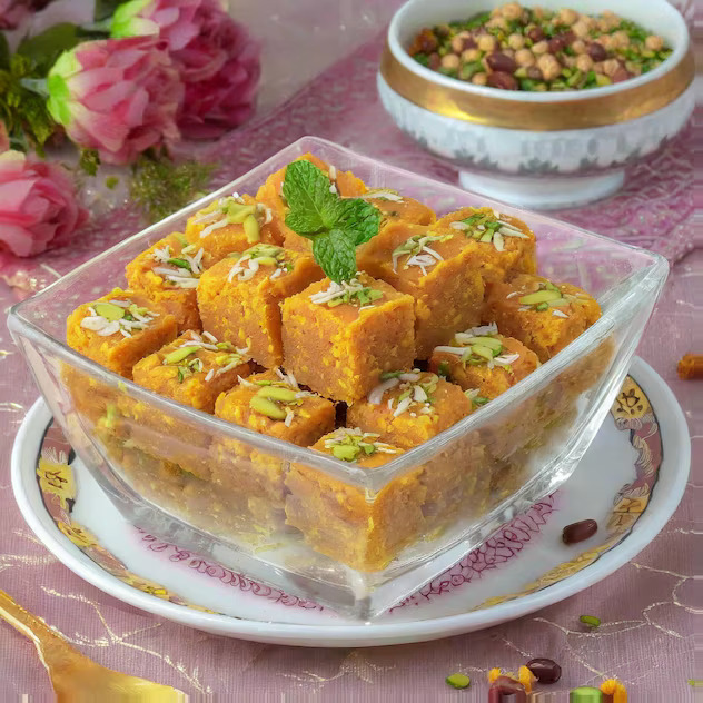 Square pieces of golden besan barfi dessert topped with nuts and silver leaf on white plates