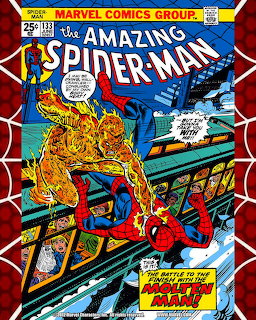 Amazing Spider-Man #133 comic cover with Spider-Man fighting the flaming Molten Man villain
