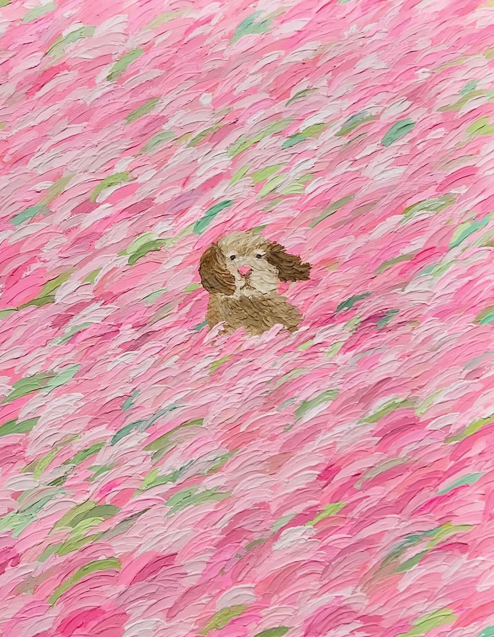 Painting of a small brown dog surrounded by pink and green flowing brushstrokes