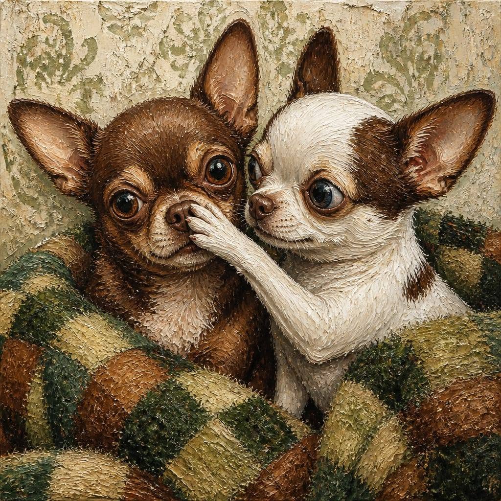 Two Chihuahua puppies cuddled under a plaid blanket, one paw touching the other's face