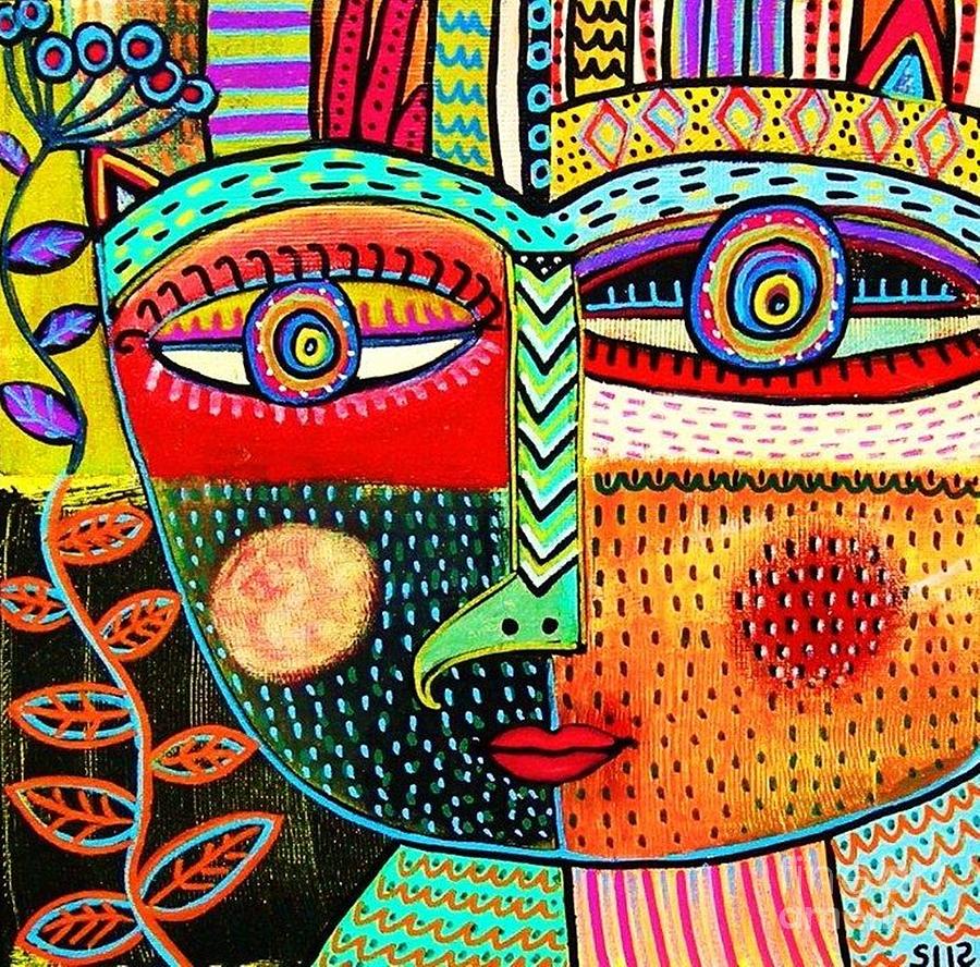 Colorful abstract painting with stylized faces, large patterned eyes, and geometric designs in folk art style