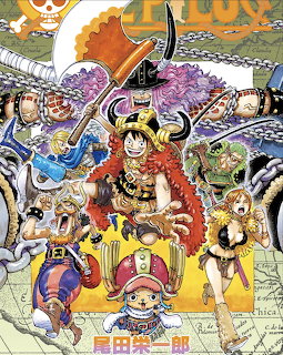 Anime characters assembled in group pose with fantasy Viking backdrop and dramatic cloudy sky
