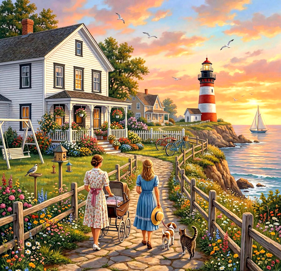 Two women and dog walk past cottage garden toward lighthouse at sunset with sailboat on ocean