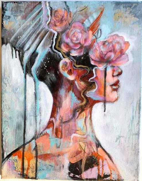 Surreal painting of a woman in profile with pink roses growing from her head against a blue-grey background