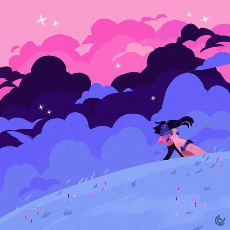 Illustration of a girl running on a blue hill under pink and purple clouds