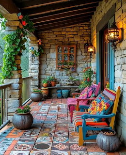 Colorful rustic stone porch with painted furniture, bright cushions, poted plants, and decorative tile floor