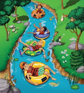 Cartoon people in yellow inflatable tubes floating down a blue river surrounded by green trees and grass