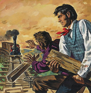 Vintage illustration of man with wood planks watching approaching steam train on railroad tracks