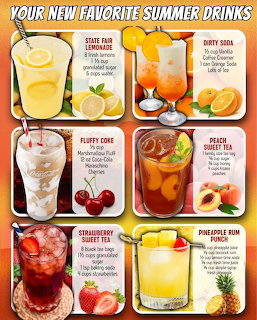 Grid of six summer drink recipes with colorful beverages and fresh fruit ingredients